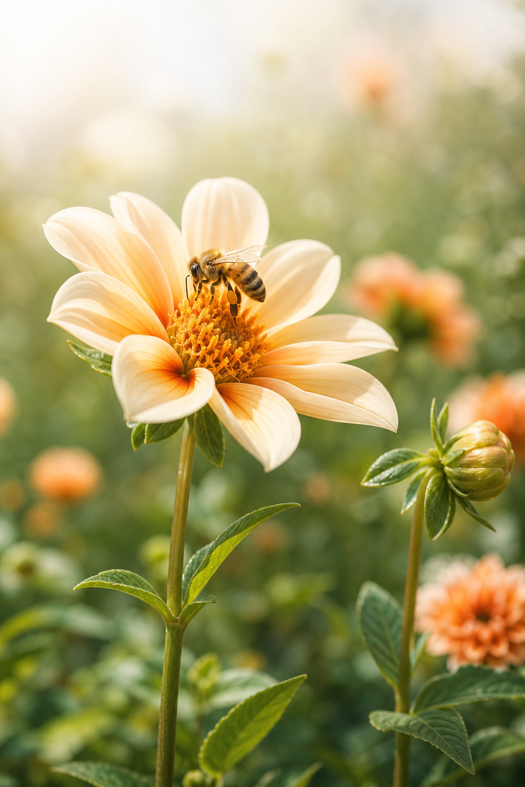 Honey bee landing on a pale flower
